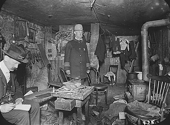 Officials investigate a squalid tenement of an Irish family (1900)