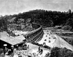 Chinese railroad workers transported dirt by the cartload to fill in this Secrettown Trestle in the Sierra Nevada Mountain.