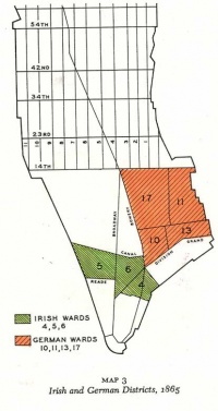 The orange sections represent the wards German immigrants occupied.