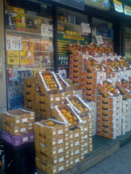 Boxes of mangoes outside of a grocery shop. Mangoes and other produce common in the South Asian lifestyle are displayed prominently in store fronts. Many grocery stores in the area carry produce and spices that is geared toward South Asian dishes, as well as other commodities commonly seen in American grocery shops. This helps to expand the breadth of the merchandise in the shops and the customer base. 