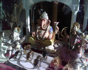 Hindu statues of deities in a store window