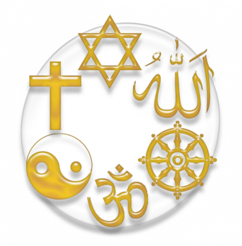 A picture containing the symbols of many different religions, including Christianity, Hinduism, and Islam.  Copyright to Mythic Worlds