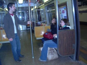 This is actually an empty subway train!! And I don't remember what I was saying that amused my friends so much. They look so interested and intrigued by what I had to say!