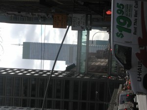 A snapshot taken at 70 St. of the bridge connecting the West and North Building of Hunter as well as a high-rise skyscraper