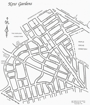     A street map of Kew Gardens drawn up by the Kew Gardens Civic Association in 1995  