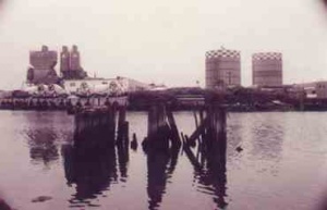 Photograph from ca. 1970 of the remains of the old Maspeth wood-plank bridge that are still visible in the creek today. The oil tanks in the background are no longer standing.