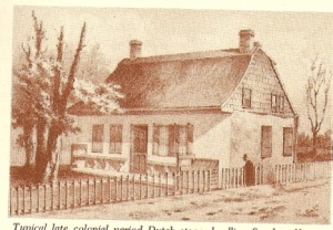 An example of a typical house of the late Dutch Colonial period in New Netherlands. This particular house stood on Bushwick Lane. The image is from the collection of Leon Stankowski.