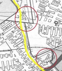     Trotting Course Lane: The red circles are where pieces of the original road continue to exist today. The yellow line is Woodhaven Blvd. 