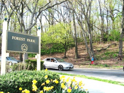 A signage at Forest Parkway to welcome visitors to Forest Park in Woodhaven.