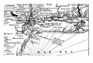 A segment of the 1656 map of New Netherland by Adrian Vander Donck. The red section shows the village of Maspeth (spelled Mispat).