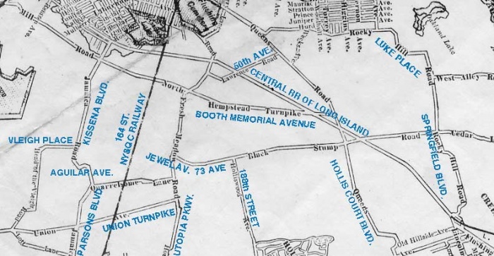 1910 map of Fresh Meadows.  Present-day names of roads are superimposed in blue