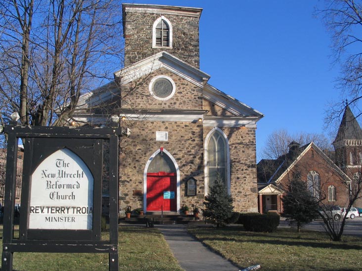 New Utrecht Reformed Church. This version of the church, created with the stones of the original church made in 1677, is made in 1828.