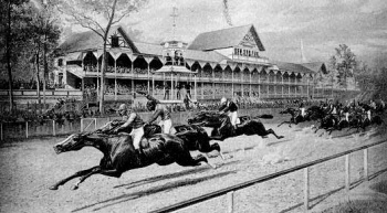 Horses jockeying for position on the Sheepshead Bay Racetrack