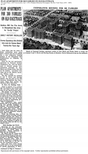 Page one of 1951 New York Times article discussing the plan to build Nostrand Gardens apartment complex with a sketch of what the proposed complex will look like