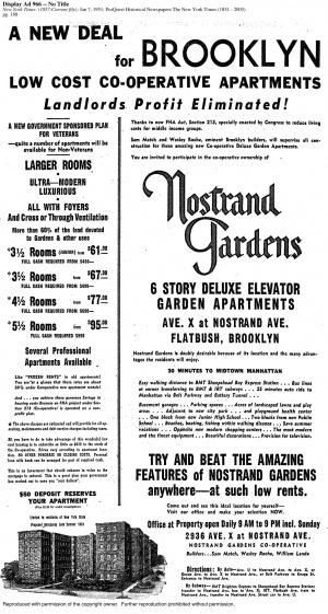 Advertisement for Nostrand Gardens describing it as low-cost housing under Section 213 of HUD. It also gives specifics about pricing, location, amenities, and gives a sketch of what complex will look like