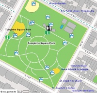 Still shot of the interactive map of Tompkins Square Park, labeling everything in it.